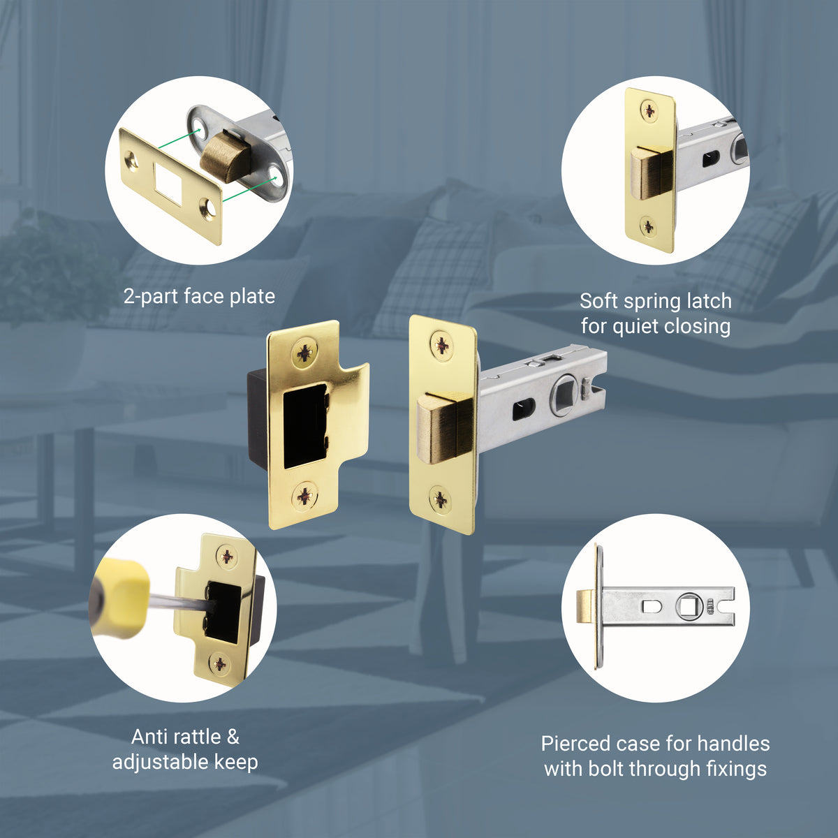 2.5 inch/64mm Tubular Latch Bolt Through - 44mm Backset - Brassed - tradefit