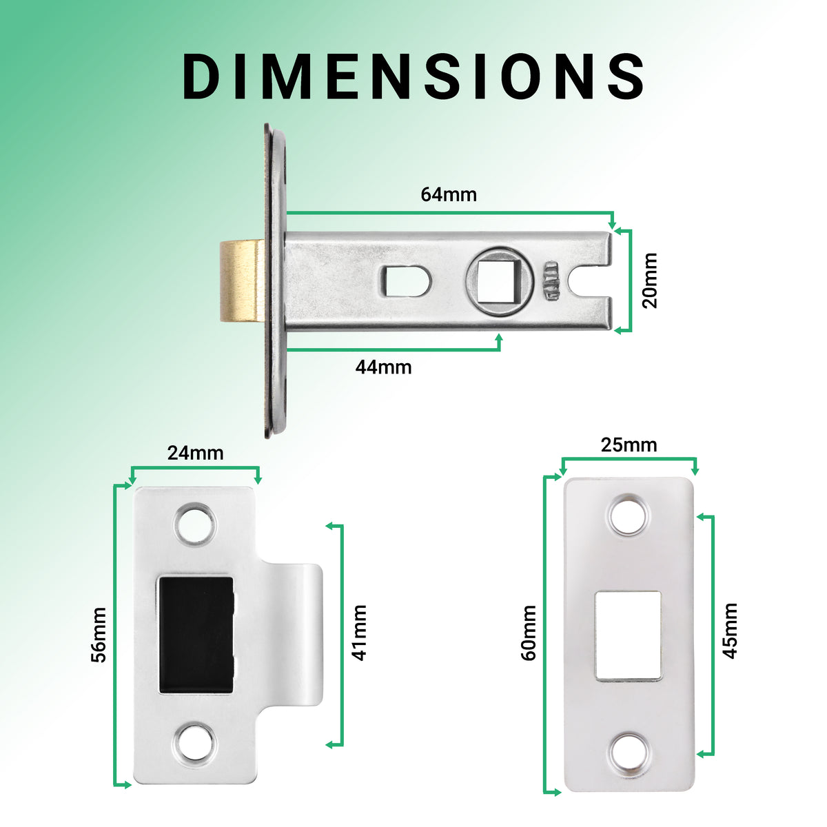 2.5 inch/64mm Bolt Through Tubular Latch - 44mm Backset - Polished Chrome - tradefit