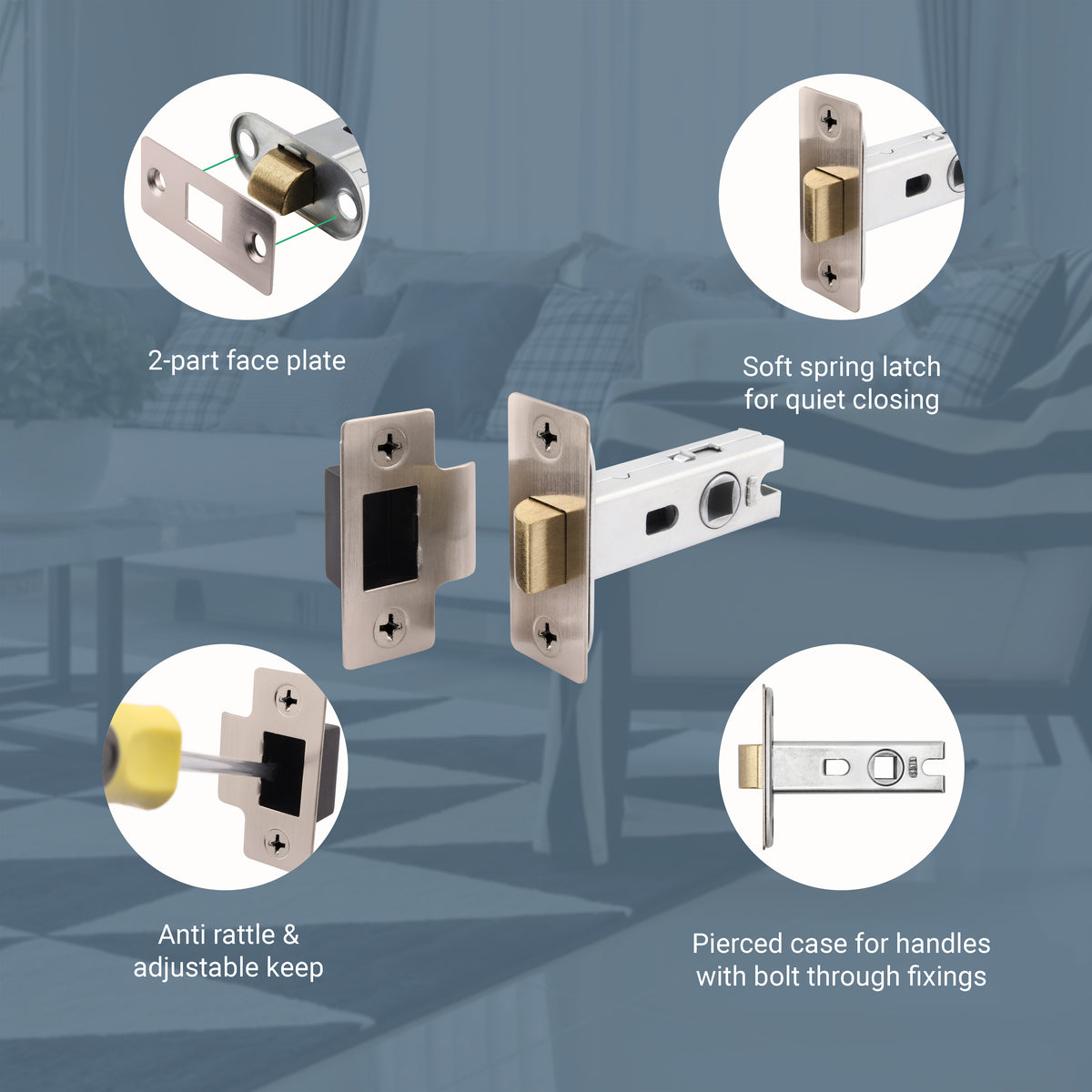 2.5 inch/64mm Tubular Latch Bolt Through - 44mm Backset - Satin Nickel - tradefit