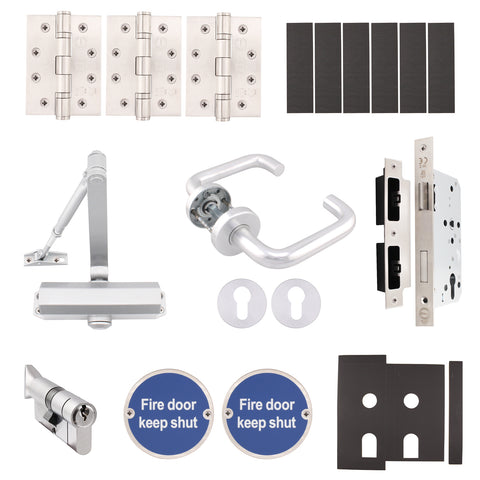 Fire Door Kit - Office Locking Door - Medium Duty - Cylinder & Turn Keyed Differ - Satin Aluminium - tradefit