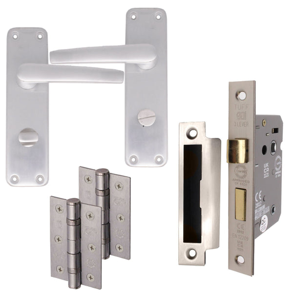 Aluminium Lever Door Handle Bathroom Kit Pack - 153 x 40mm - Satin Aluminium - tradefit - Featured Image