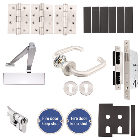 Fire Door Kit - Office Locking Door - Medium Duty - Cylinder & Turn Keyed Differ - Satin Stainless Steel - tradefit