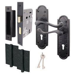 Ashtead Antique Black Iron Door Handle Pack - 80mm Sashlock - 76mm Hinges - tradefit