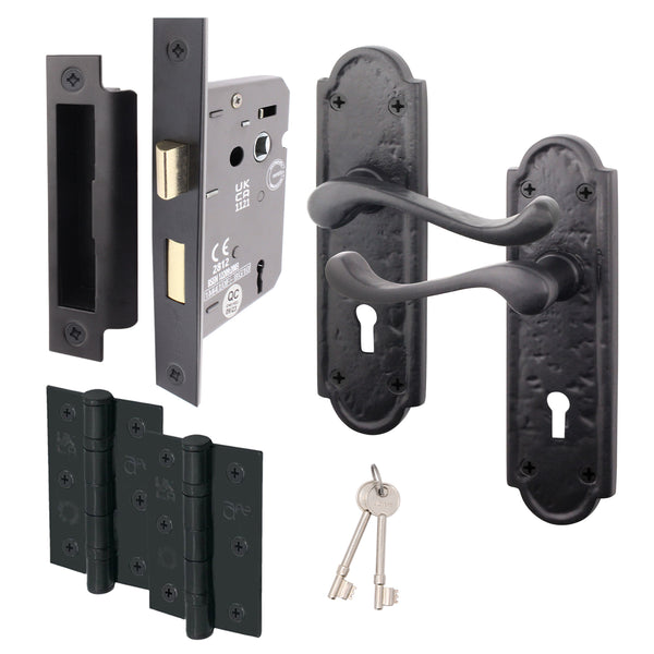 Ashtead Antique Black Iron Door Handle Pack - 80mm Sashlock - 76mm Hinges - tradefit - Featured Image