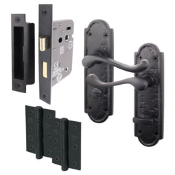 Ashtead Antique Black Iron Door Handle Pack - 80mm Bathroom Lock - 76mm Hinges - tradefit