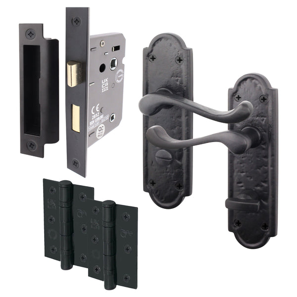 Ashtead Antique Black Iron Door Handle Pack - 80mm Bathroom Lock - 76mm Hinges - tradefit - Featured Image