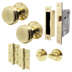 Victorian Ringed Polished Brass Mortice Door Knob Kit - 80mm Bathroom Lock - tradefit
