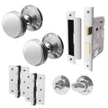 Victorian Ringed Polished Chrome Mortice Door Knob Kit - 80mm Bathroom Lock - 76mm Hinges