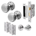 Victorian Ringed Satin Chrome Mortice Door Knob Kit - 80mm Bathroom Lock - 76mm Hinges