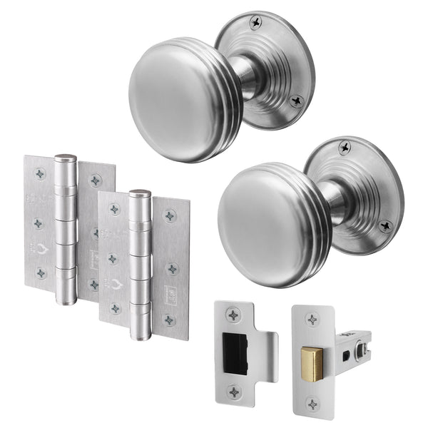 Victorian Ringed Satin Chrome Mortice Door Knob Kit - 76mm Latch - 76mm Hinges - tradefit - Featured Image