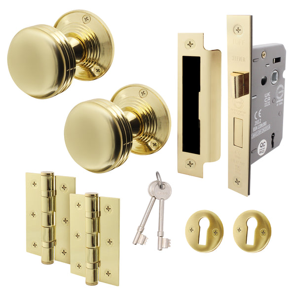 Victorian Ringed Polished Brass Mortice Door Knob Kit - 80mm Sashlock - tradefit - Featured Image