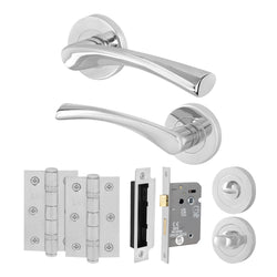 Nola Polished Chrome Lever on Rose Door Handle Pack - 64mm Bathroom Lock - tradefit