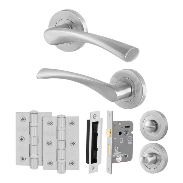 Nola Satin Nickel Lever on Rose Door Handle Pack - 64mm Bathroom Lock - tradefit - Featured Image