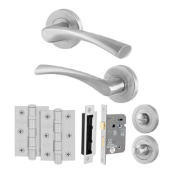 Nola Satin Nickel Lever on Rose Door Handle Pack - 80mm Bathroom Lock - tradefit