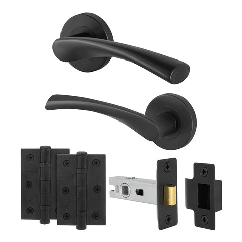 Nola Matt Black Door Handle Latch Kit - Lever on Rose with 64mm Latch - tradefit