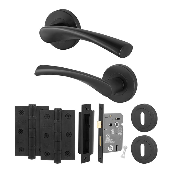 Nola Matt Black Lever on Rose Door Handle Pack - 80mm Sashlock - tradefit - Featured Image