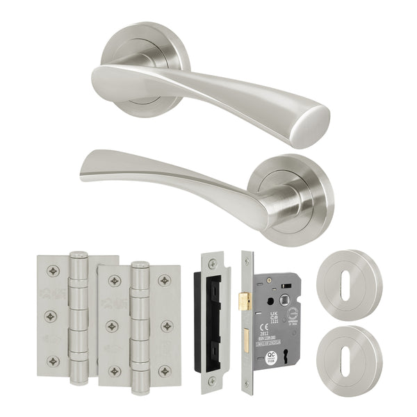 Nola Satin Nickel Lever on Rose Door Handle Pack - 64mm Sashlock - tradefit - Featured Image