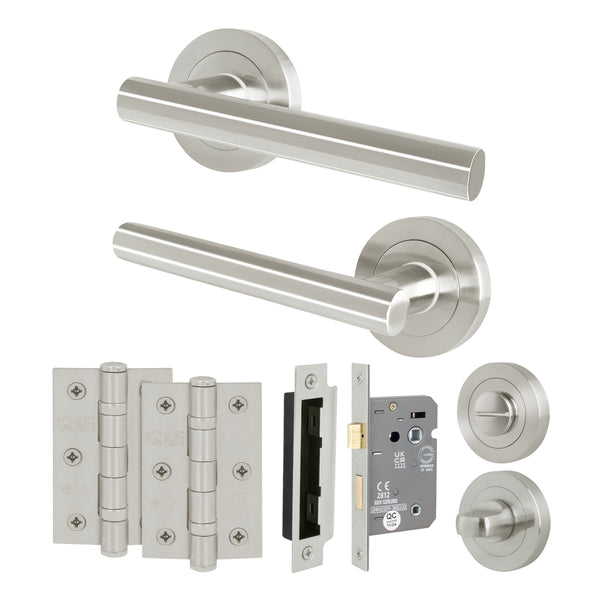 Olbia Satin Nickel Lever on Rose Door Handle Pack - 64mm Bathroom Lock - tradefit - Featured Image