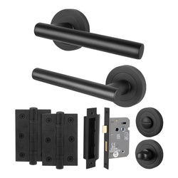 Olbia Matt Black Lever on Rose Door Handle Pack - 64mm Bathroom Lock - tradefit