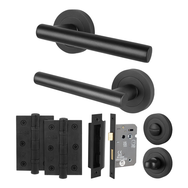 Olbia Matt Black Lever on Rose Door Handle Pack - 64mm Bathroom Lock - tradefit - Featured Image
