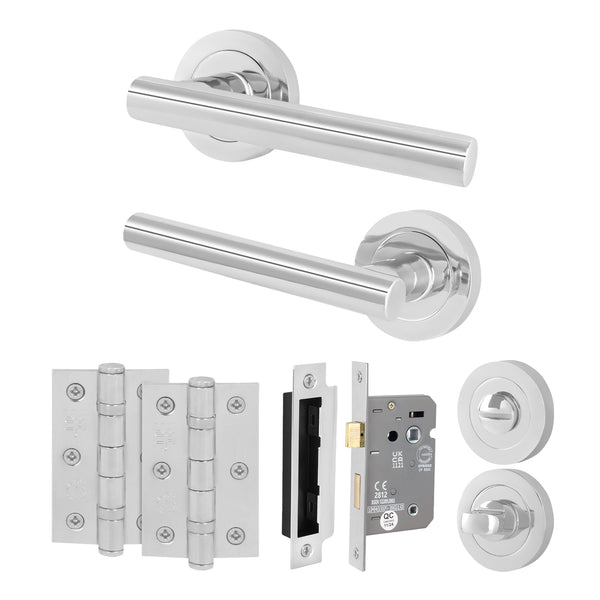 Olbia Polished Chrome Lever on Rose Door Handle Pack - 80mm Bathroom Lock - tradefit - Featured Image