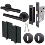 Olbia Matt Black Lever on Rose Door Handle Pack - 80mm Sashlock - tradefit - 1