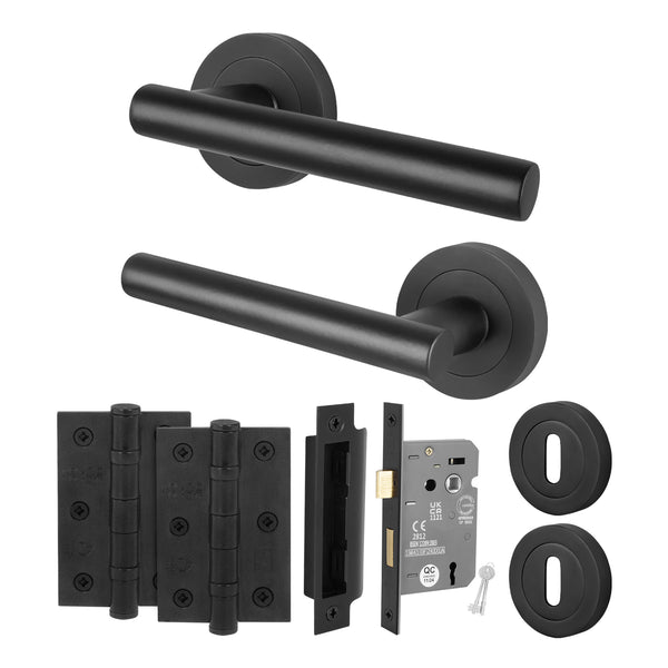 Olbia Matt Black Lever on Rose Door Handle Pack - 80mm Sashlock - tradefit - Featured Image