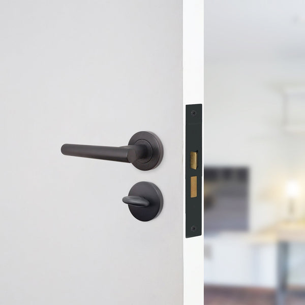 Olbia Matt Black Lever on Rose Door Handle Pack - 64mm Bathroom Lock ...