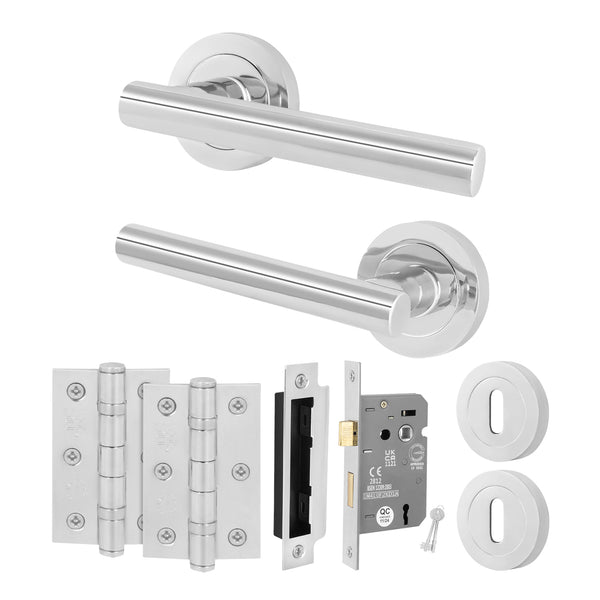 Olbia Polished Chrome Lever on Rose Door Handle Pack - 64mm Sashlock - tradefit - Featured Image
