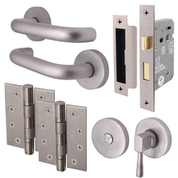 Return To Door Lever on Rose Handle Bathroom Lock Kit - Satin Aluminium - 102mm Hinges - 64mm Lock - tradefit