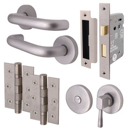 Return To Door Lever on Rose Handle Bathroom Lock Kit - Satin Aluminium - 76mm Hinges - 64mm Lock - tradefit