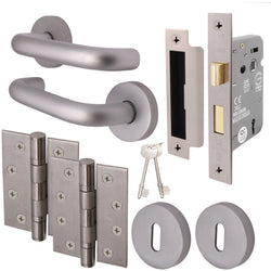 Return To Door Lever on Rose Handle Sash Lock Kit - Satin Aluminium - 102mm Hinges - 64mm Lock - tradefit