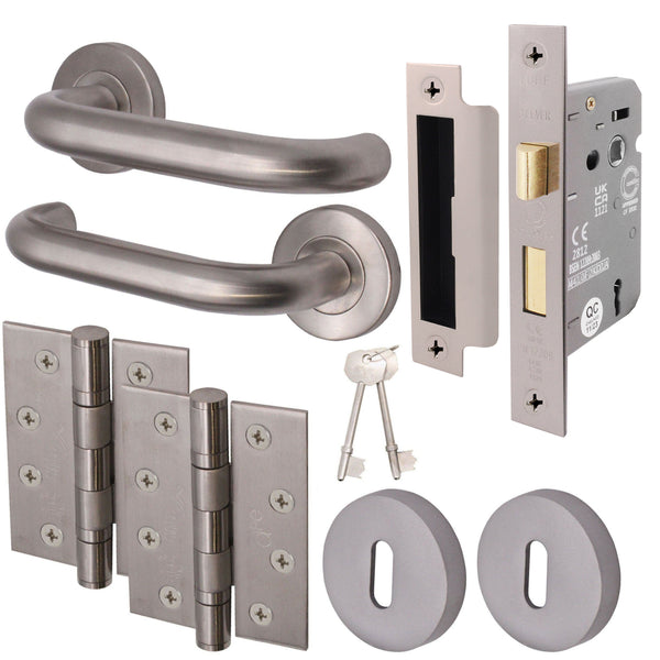 Return To Door Lever on Rose Handle Sash Lock Kit - Satin Stainless Steel - 102mm Hinges - 64mm Lock - tradefit - Featured Image