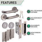 Return To Door Lever on Rose Handle Sash Lock Kit - Satin Stainless Steel - 102mm Hinges - 64mm Lock - tradefit - 2