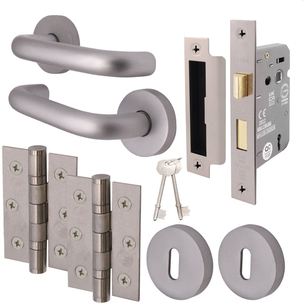 Return To Door Lever on Rose Handle Sash Lock Kit - Satin Aluminium - 76mm Hinges - 64mm Lock - tradefit - Featured Image