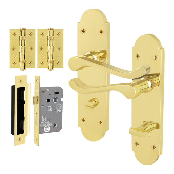 Victorian Rectory Polished Brass Lever Door Handle Pack - 80mm Bathroom Lock - tradefit - Featured Image