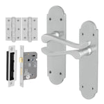 Victorian Rectory Satin Chrome Lever Door Handle Pack - 64mm Bathroom Lock - 76mm Hinges - tradefit - 1