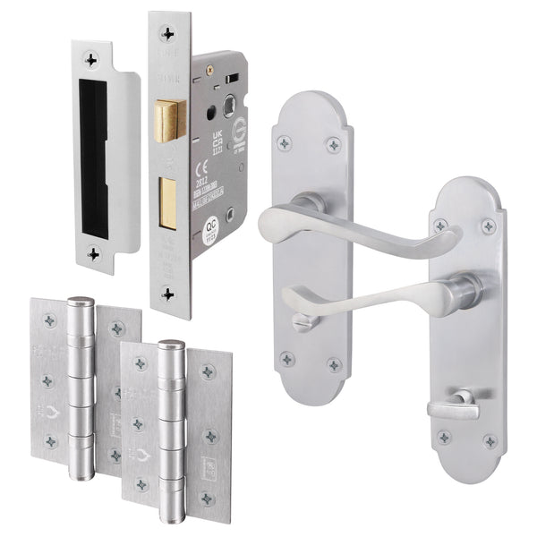 Victorian Rectory Satin Chrome Lever Door Handle Pack - 64mm Bathroom Lock - 76mm Hinges - tradefit - Featured Image
