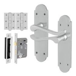 Victorian Rectory Satin Chrome Lever Door Handle Pack - 80mm Bathroom Lock - tradefit