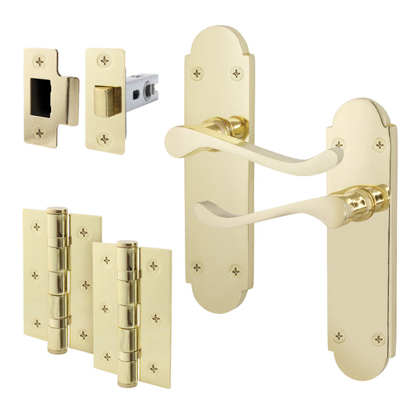 Victorian Rectory Polished Brass Lever Door Handle Pack - 64mm Latch - 76mm Hinges - tradefit - Featured Image