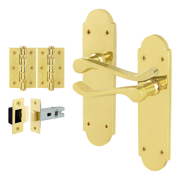 Victorian Rectory Polished Brass Lever Door Handle Pack - 64mm Latch - 76mm Hinges - tradefit - Featured Image