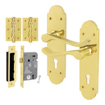 Victorian Rectory Polished Brass Door Handle Pack - 80mm 3 Lever Sashlock - 76mm Hinges - 1