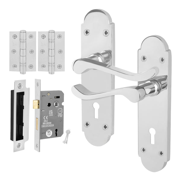 Victorian Rectory Polished Chrome Lever Door Handle Pack - 64mm Sashlock - 76mm Hinges - tradefit - Featured Image