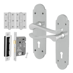 Victorian Rectory Satin Chrome Lever Door Handle Pack - 64mm Sashlock - 76mm Hinges - tradefit