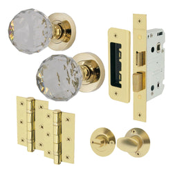 Glass and Polished Brass Mortice Door Knob Kit - 80mm Bathroom Lock - tradefit