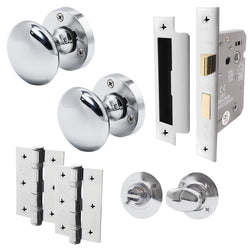 Victorian Polished Chrome Mortice Door Knob Kit - 80mm Bathroom Lock - 76mm Hinges - tradefit