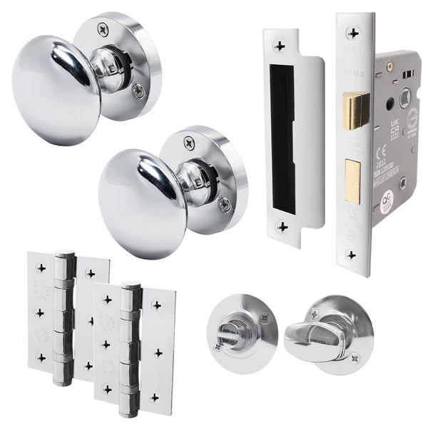 Victorian Polished Chrome Mortice Door Knob Kit - 80mm Bathroom Lock - 76mm Hinges - tradefit - Featured Image