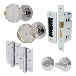 Glass and Polished Chrome Mortice Door Knob Kit - 80mm Bathroom Lock - tradefit