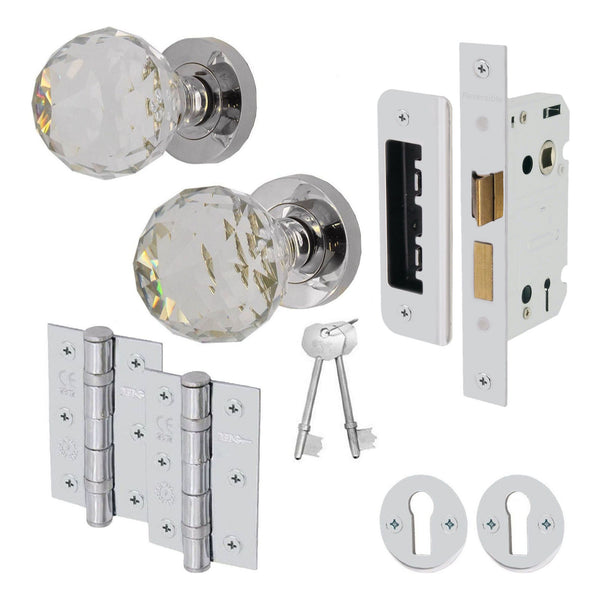 Glass and Polished Chrome Mortice Door Knob Kit - 80mm Sashlock - tradefit - Featured Image