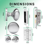 Victorian Polished Chrome Mortice Door Knob Kit - 80mm Bathroom Lock - 76mm Hinges - tradefit - 3